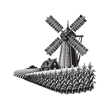 recommend clip art: Homestead Silhouette, Farming Scene clipart -  Windmill and Cornfield illustration in black and white 