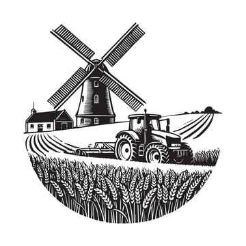recommend clip art: Homestead Silhouette, Farming Scene clipart - Windmill and Wheat Field with Tractor  illustration in black and white 
