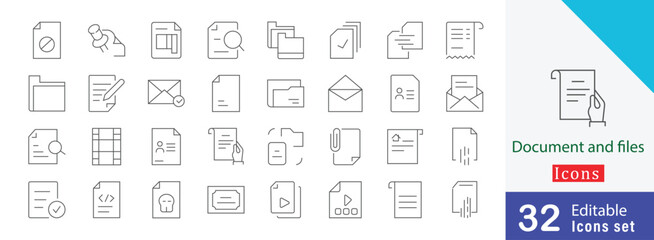 Document and files thin line sign style. containing documentation, concept, upload file, push pin, information, file sharing, certificate, accept, approved and more collection