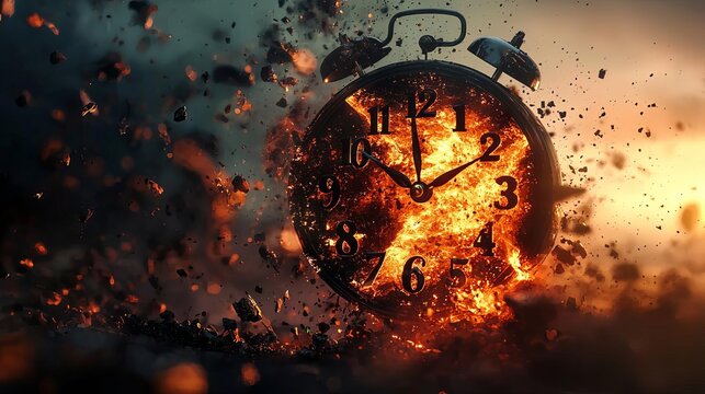 An explosive clock shatters, embodying the concept of time running out amidst dramatic lighting and vivid textures.