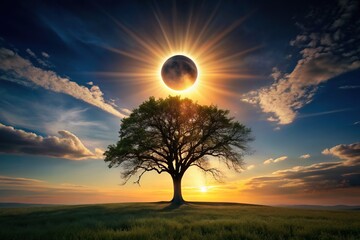 Fototapeta premium Solar eclipse in the shape of an oak tree in the sky, eclipse, sun, mystical, branches, moon, celestial event, rare, cosmic, shape, mysterious, astronomical phenomenon, oak tree, shadow