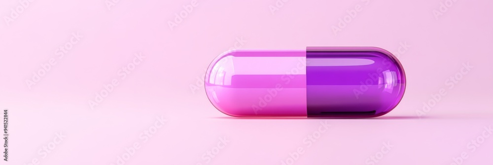 Poster a 3d simple style icon of a glossy purple capsule with a transparent section revealing liquid inside