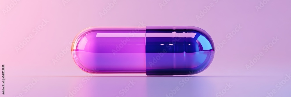 Poster a 3d simple style icon of a glossy purple capsule with a transparent section revealing liquid inside