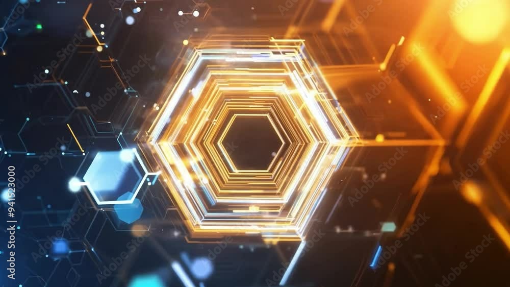 Poster luminous hexagonal shapes interact dynamically against a dark backdrop, creating a captivating visua