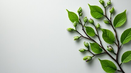 Obraz premium Tiny pastel lavender and seafoam green spring leaves with tiny lilac buds on a white backdrop. Minimalistic, high resolution, clear sharp focus, hyper-detailed.