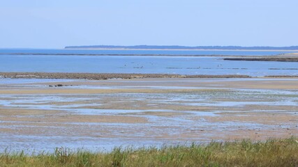 Atlantic ocean and coastline of Oleron island at low tide on a sunny day at La Boirie beach in France