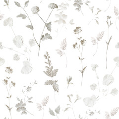 Floral seamless vintage pattern. White relief leaves of gypsum, wild flowers, magnolia bloom, herbs, golden butterfly isolated on white background. Classic digital paper for wedding card design, print