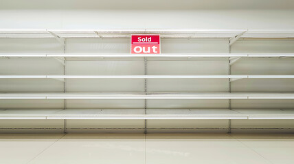 An empty supermarket shelf with a "Sold Out" sign, symbolizing supply chain issues and scarcity, on a clean background