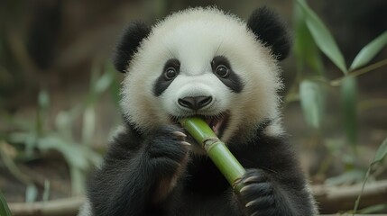 Obraz premium Sweet panda bear eating bamboo perfect for creating cute and wildlife-themed pictures