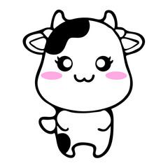 A cute cartoon cow with large eyes, a small nose, and a smiling expression