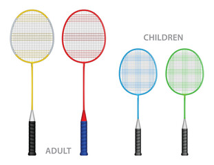 An Illustration of four shows two children's rackets and two adult rackets Colorful Badminton Rackets. shows three badminton rackets, each with a different color scheme. The left racket has a yellow 
