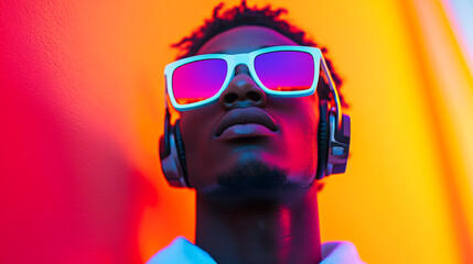 A man wearing sunglasses and headphones is standing in front of a red wall