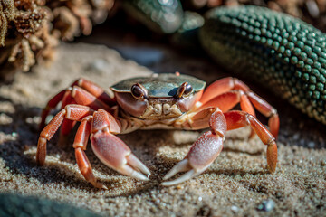 close-up of a tiny crab on the sand, emphasizing