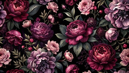A Luxurious Floral Wallpaper Design Featuring Dark Roses and Peonies on a Deep Black Background  AI Generated