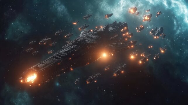 Massive Sci-Fi Space Armada in Deep Space, Glowing Battlecruisers Engaged in Intense Combat, Surrounded by Bright Nebulae and Starry Background, Futuristic Starship Warfare Scene

