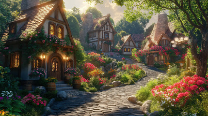 Obraz premium Enchanting cottage village with vibrant flowers and cobblestone path in idyllic countryside setting