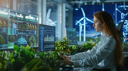 A woman analyzes data on multiple screens in a modern workspace with wind turbines outside.