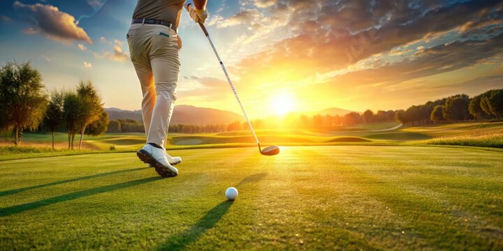 Golfer getting ready to tee off on a golf course Golfer taking a swing with a golf club for the perfect shot, frog eye angle