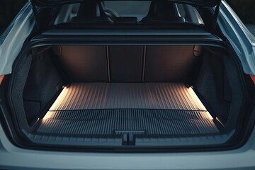 Obraz premium A spacious car trunk with interior lighting, ready for luggage or groceries. Ideal for travel and outdoor adventures.