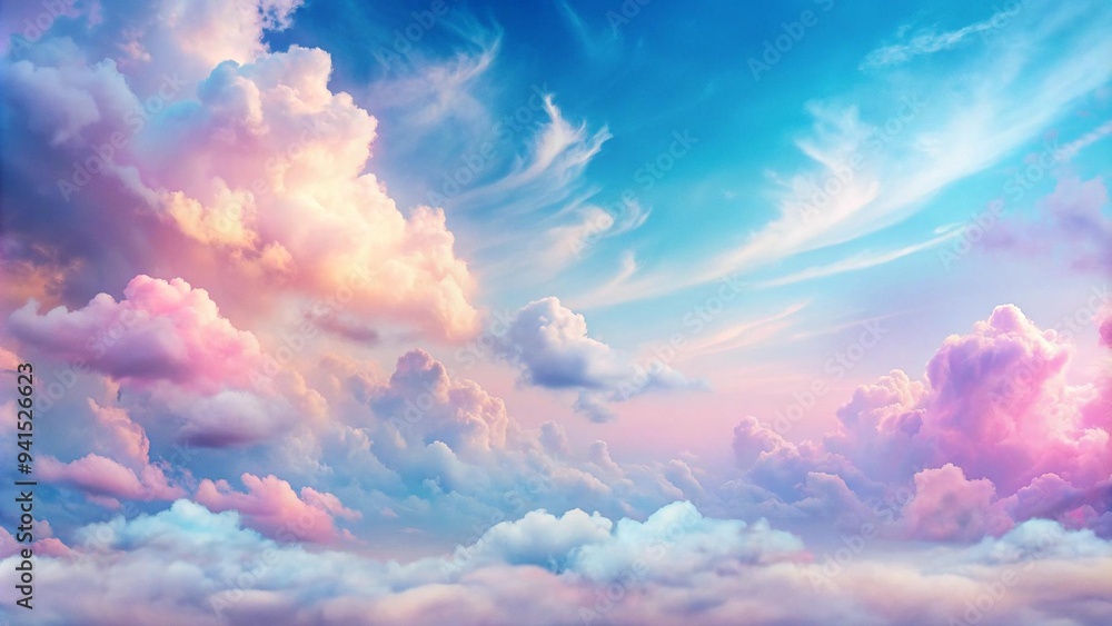 Poster a serene canvas of soft hues: pink and blue clouds in a dreamy gradient sky generative ai