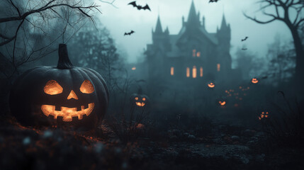 Haunted nightscape with glowing jack o' lanterns and eerie castle silhouette in the background