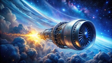 Fototapeta premium Astral Flight: Cosmic jet engine, celestial skies, ethereal blue, interstellar travel, serene