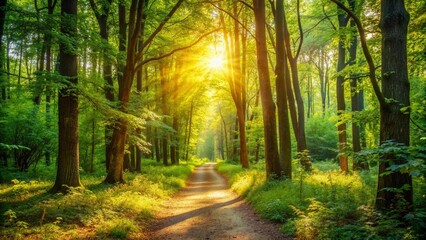 Obraz premium A sun-dappled forest path, bathed in the golden light of the setting sun, winds its way through towering ancient trees. generative AI