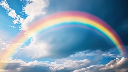A rainbow is seen in the sky with a few clouds