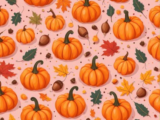 Seamless pattern with autumn leaves and pumpkins. Falling leaves