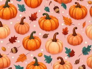 Autumn-themed repeat print with orange and white pumpkins and leaves. Ai