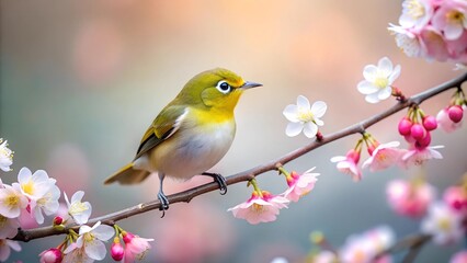 A Delicate Dance: White-eye and Plum Blossom in the Morning Mist  Generative AI