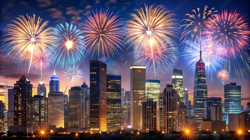 Poster a symphony of light: fireworks over a modern metropolis generative ai