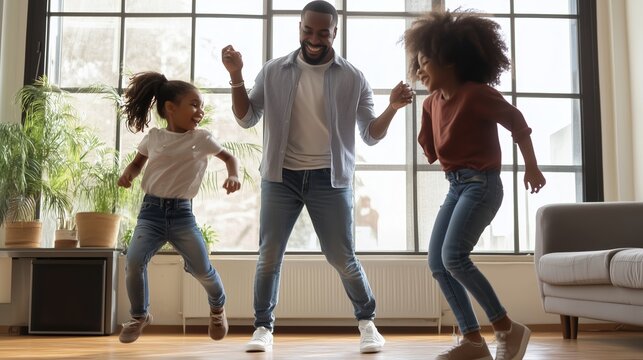 A joyful family dance party in a bright living room filled with plants during a sunny afternoon