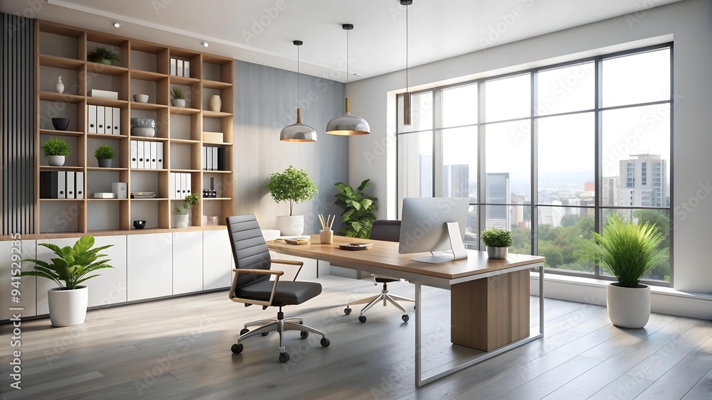 Poster a modern office space designed for efficiency and style generative ai