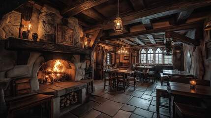 Cozy rustic tavern interior with a warm fireplace and ample wooden furniture, illuminated by vintage lanterns and creating a welcoming, old world ambiance