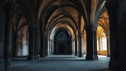 Gothic cathedral interior showcasing arches and columns in dramatic lighting