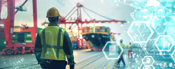 Logistics professionals in high-visibility vests and helmets oversee container operations at a port, with digital interface overlays highlighting advanced supply chain management technology.