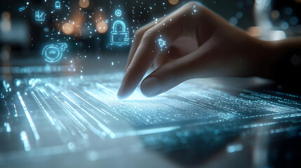 3D Icon as Hand signing contract with holographic cyber security icons concept as Camera movement Zoom in on the hand signing the contract with holographic cyber security icons floating nearby. Scene 