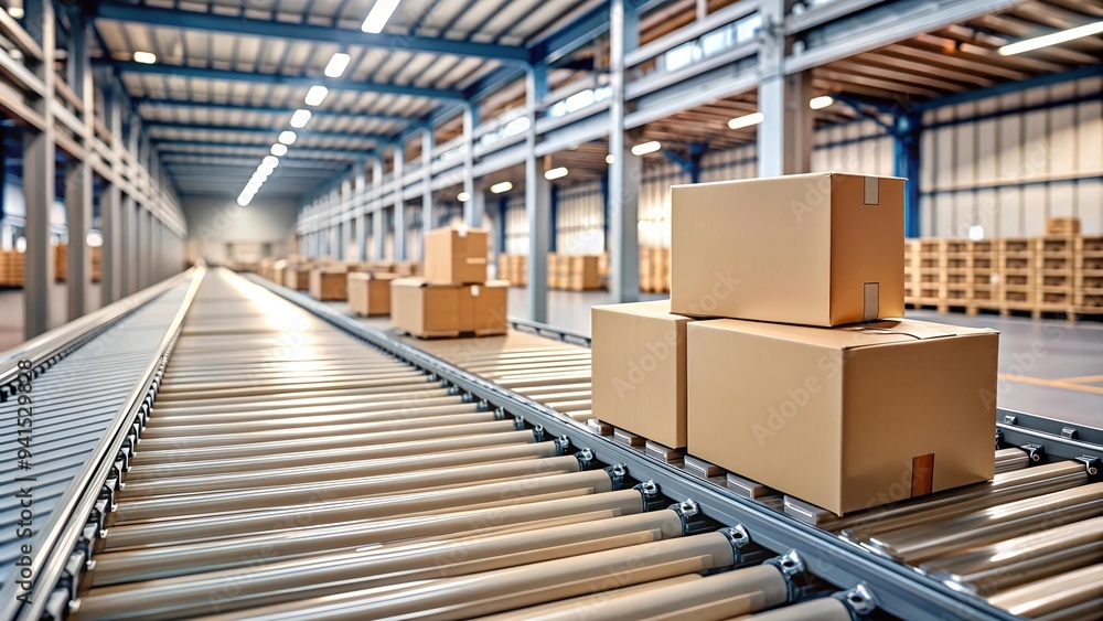 Poster the rhythm of fulfillment: a close-up view of cardboard boxes flowing on a conveyor belt generative 