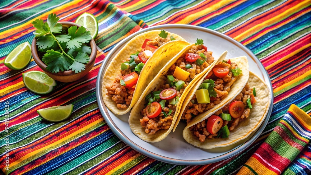 Poster a delectable display of tacos adorned with a cactus pattern tablecloth ai generated