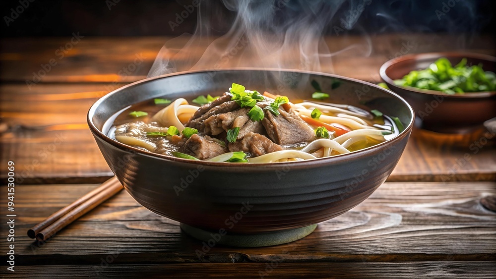 Poster the enchanting essence of beef noodle soup captured in a bowl generative ai