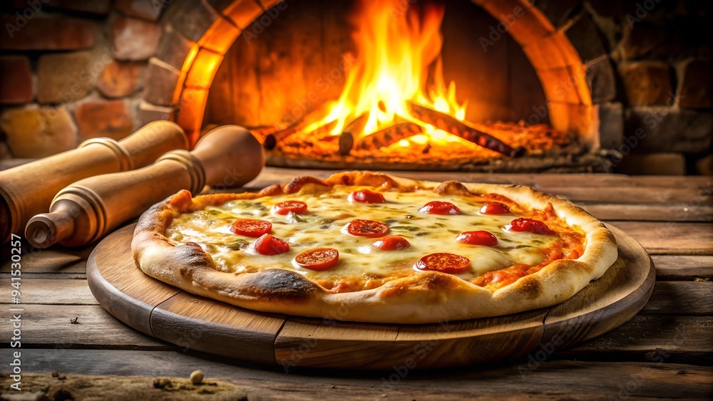 Poster golden crust pizza emerging from a rustic wood-fired oven generative ai