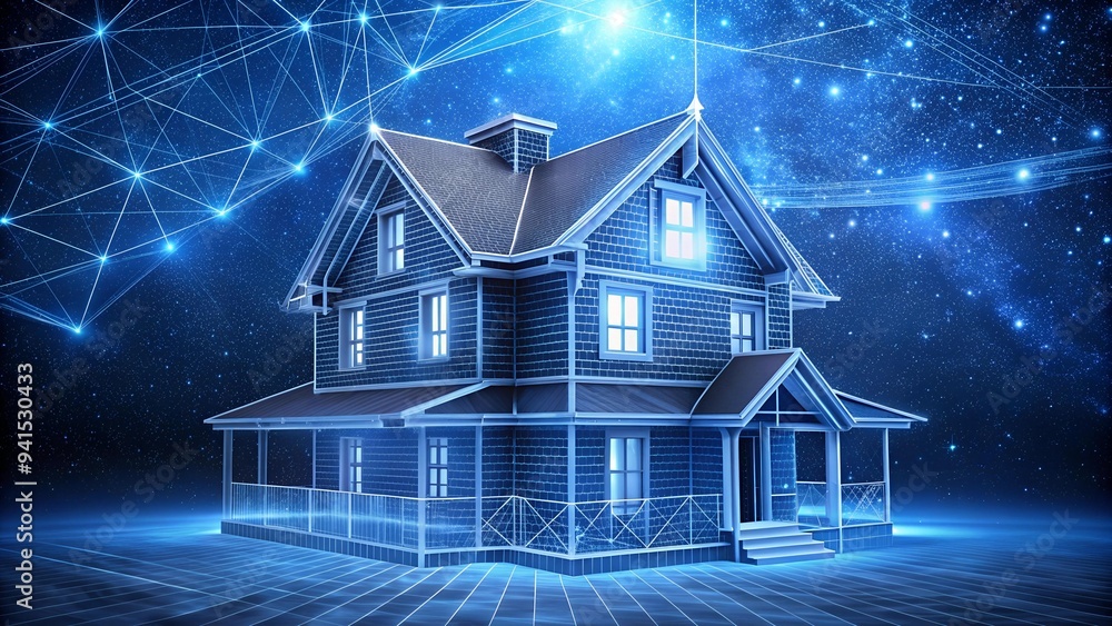 Aufkleber ethereal blueprints: a rotating wireframe house in a starry void ai generated