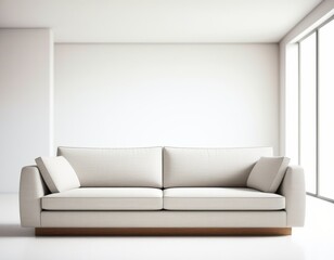 A modern, light gray sofa with matching cushions is positioned prominently in a bright and airy living room, creating a serene and inviting atmosphere
