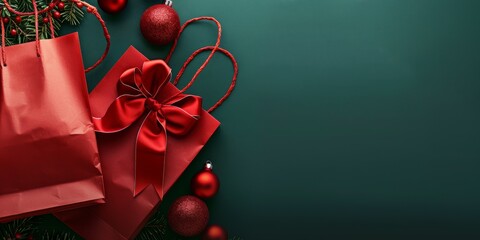 The image showcases red shopping bags and gift boxes adorned with festive ornaments on a green background, perfect for holiday season marketing, advertising, or seasonal blog content