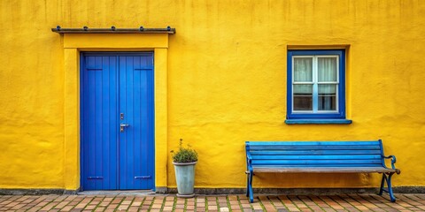 Naklejka premium Yellow house with a blue door and bench in front from a long distance, long shot, facade,Yellow, home, building, unique, outdoor, bench, exterior, bright, quaint, colorful, charming