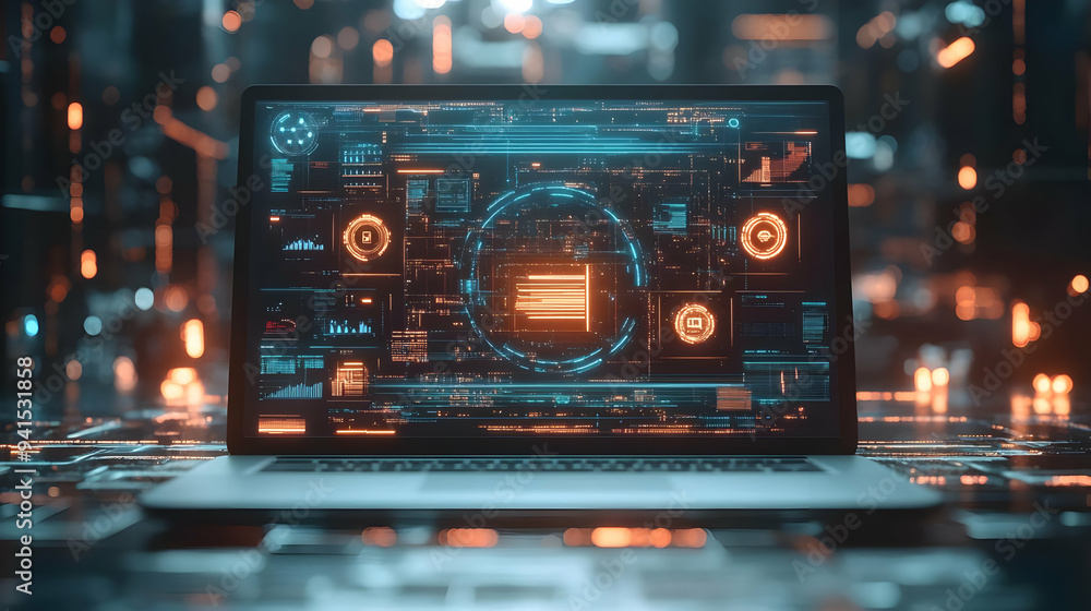 Poster 3D Icon as Laptop with holographic AI QA and improvement icons concept as Camera movement Pan across the laptop screen with a focus on glowing holographic AI QA and improvement icons. Scene A modern w