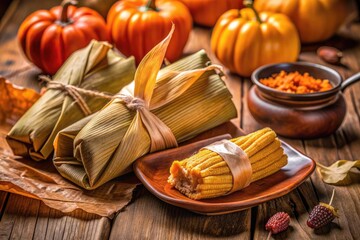 Fototapeta premium Autumn Embrace: Roasted corn, pumpkin-infused tamales, warm orange and brown colors, cozy and inviting