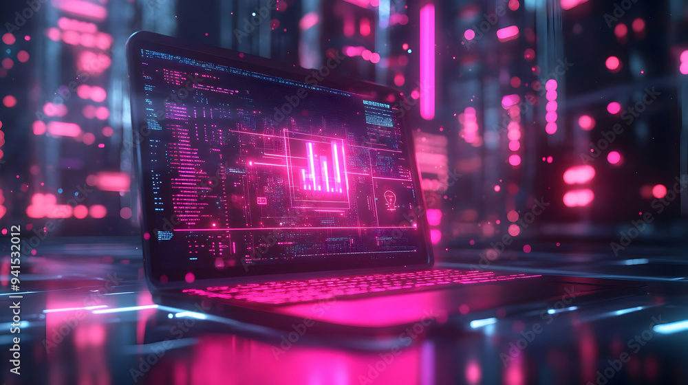 Poster 3D Icon as Laptop with holographic AI QA and improvement icons concept as Camera movement Pan across the laptop screen with a focus on glowing holographic AI QA and improvement icons. Scene A modern w