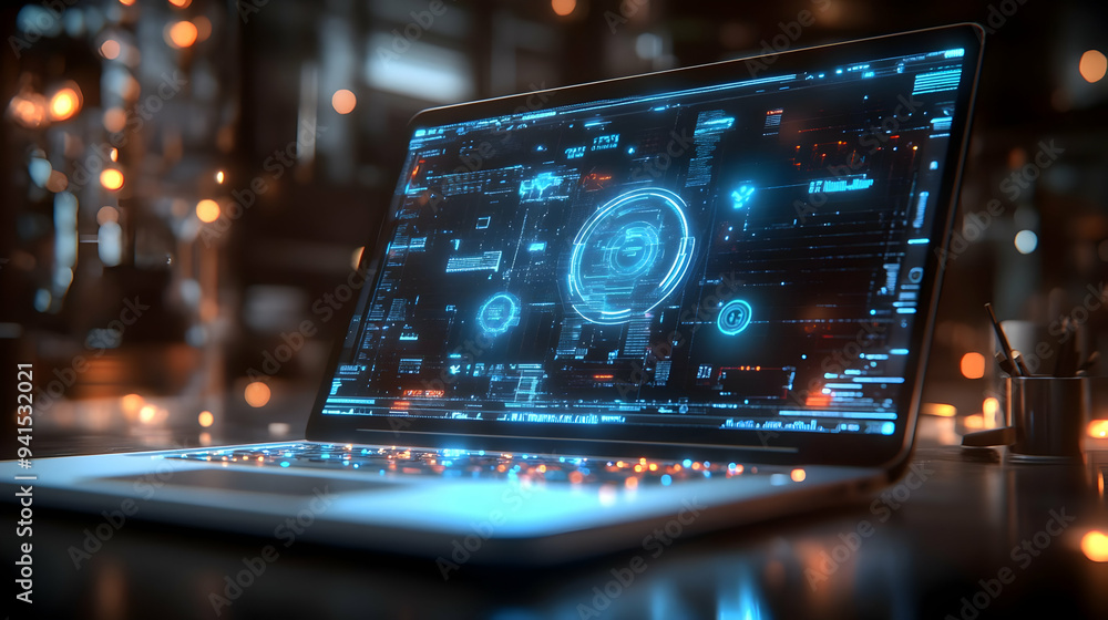 Poster 3D Icon as Laptop with holographic AI QA and improvement icons concept as Camera movement Pan across the laptop screen with a focus on glowing holographic AI QA and improvement icons. Scene A modern w